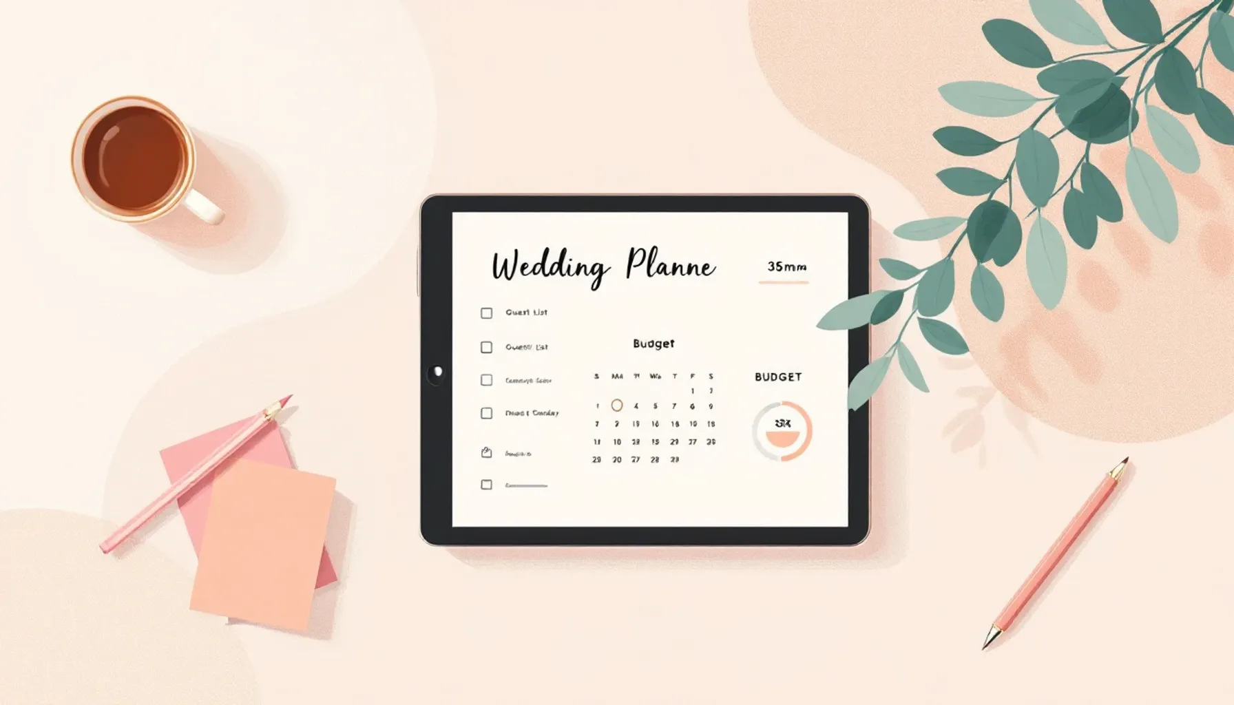 Minimalist flat illustration of a wedding planning workspace: tablet displaying a guest list checklist, calendar with da