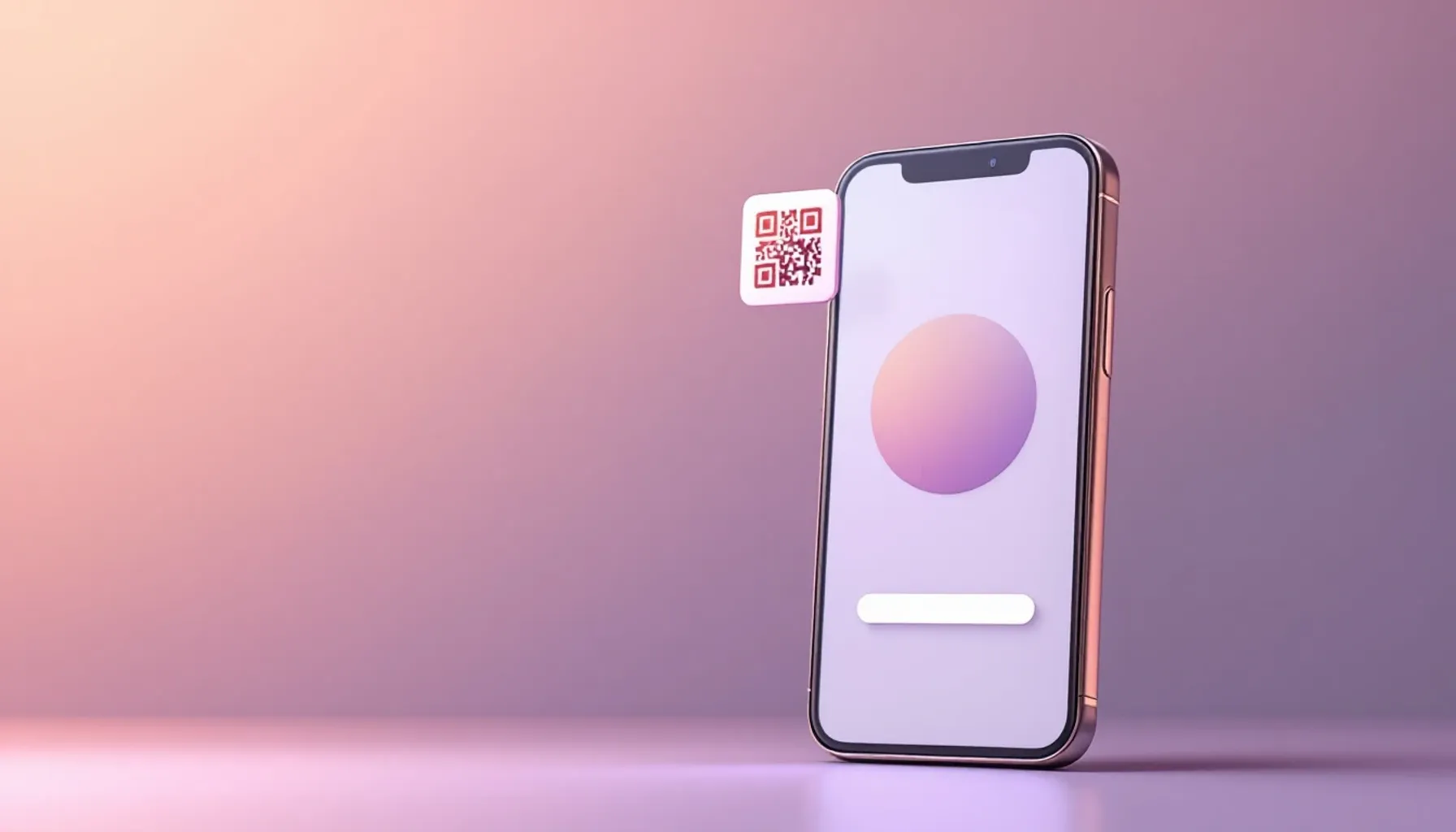 Clean minimalist flat illustration of a smartphone displaying a photo upload interface with a QR code symbol floating ab
