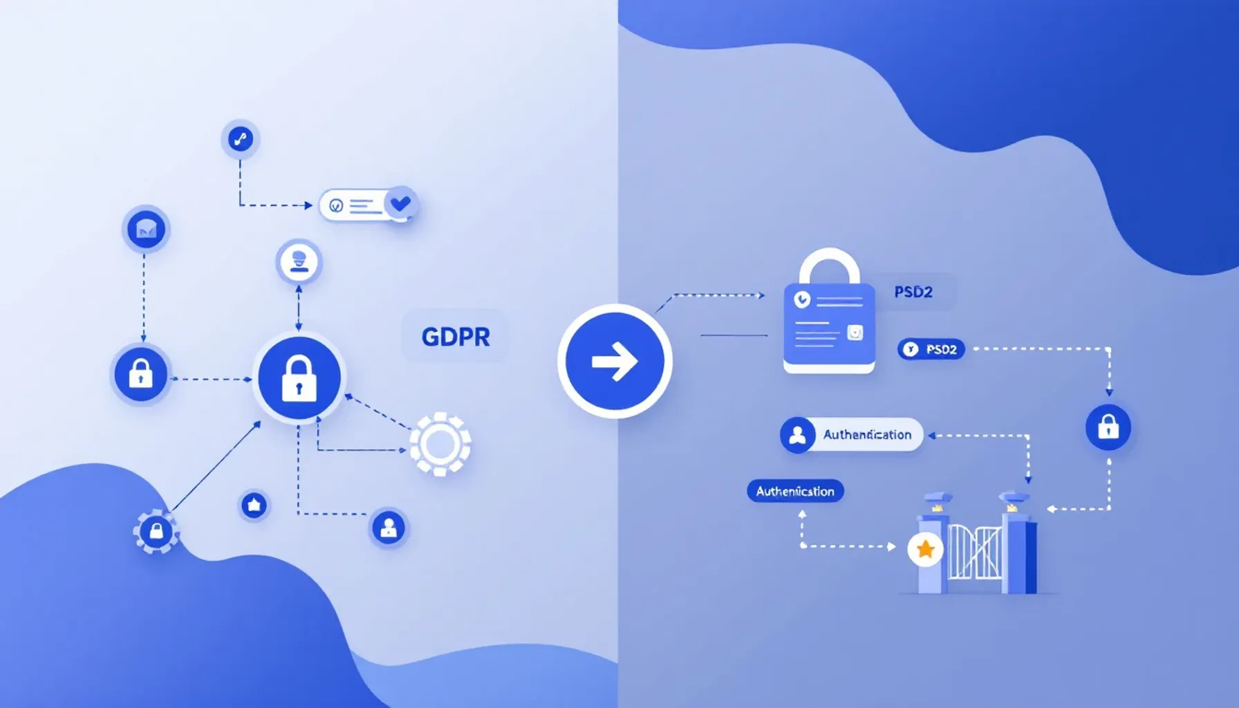 Minimalist split-screen illustration: left side shows interconnected data nodes and lock symbols representing GDPR data 