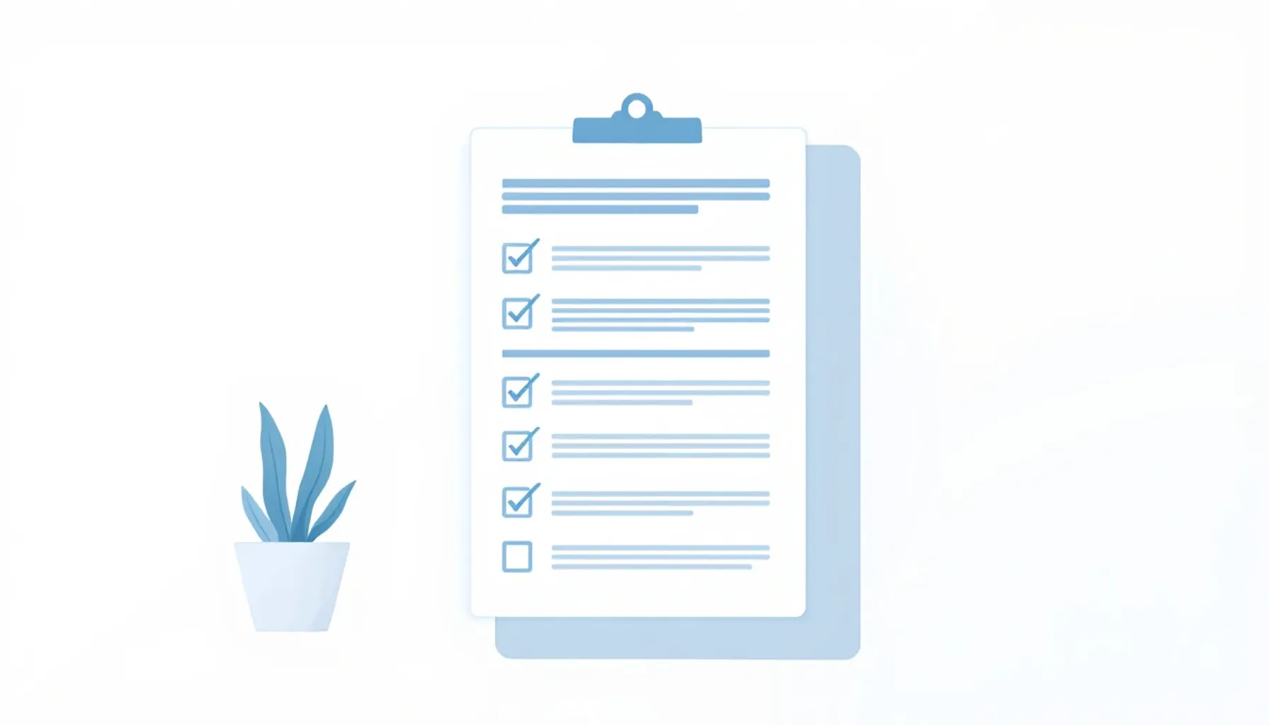 Clean, minimalist flat illustration of a professional business document with checkmarks and structured sections, soft bl