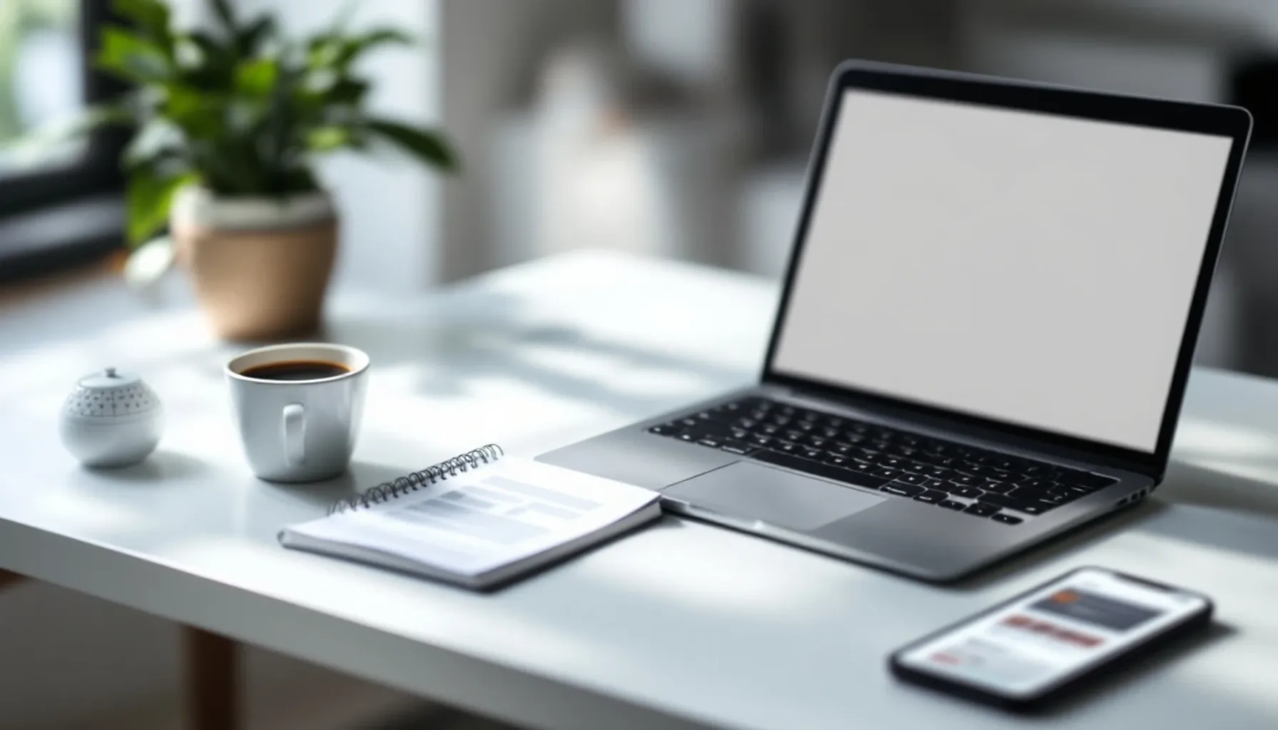 Minimalist workspace scene: a single laptop on a clean desk with a cup of coffee, notebook with sketches, and a smartpho