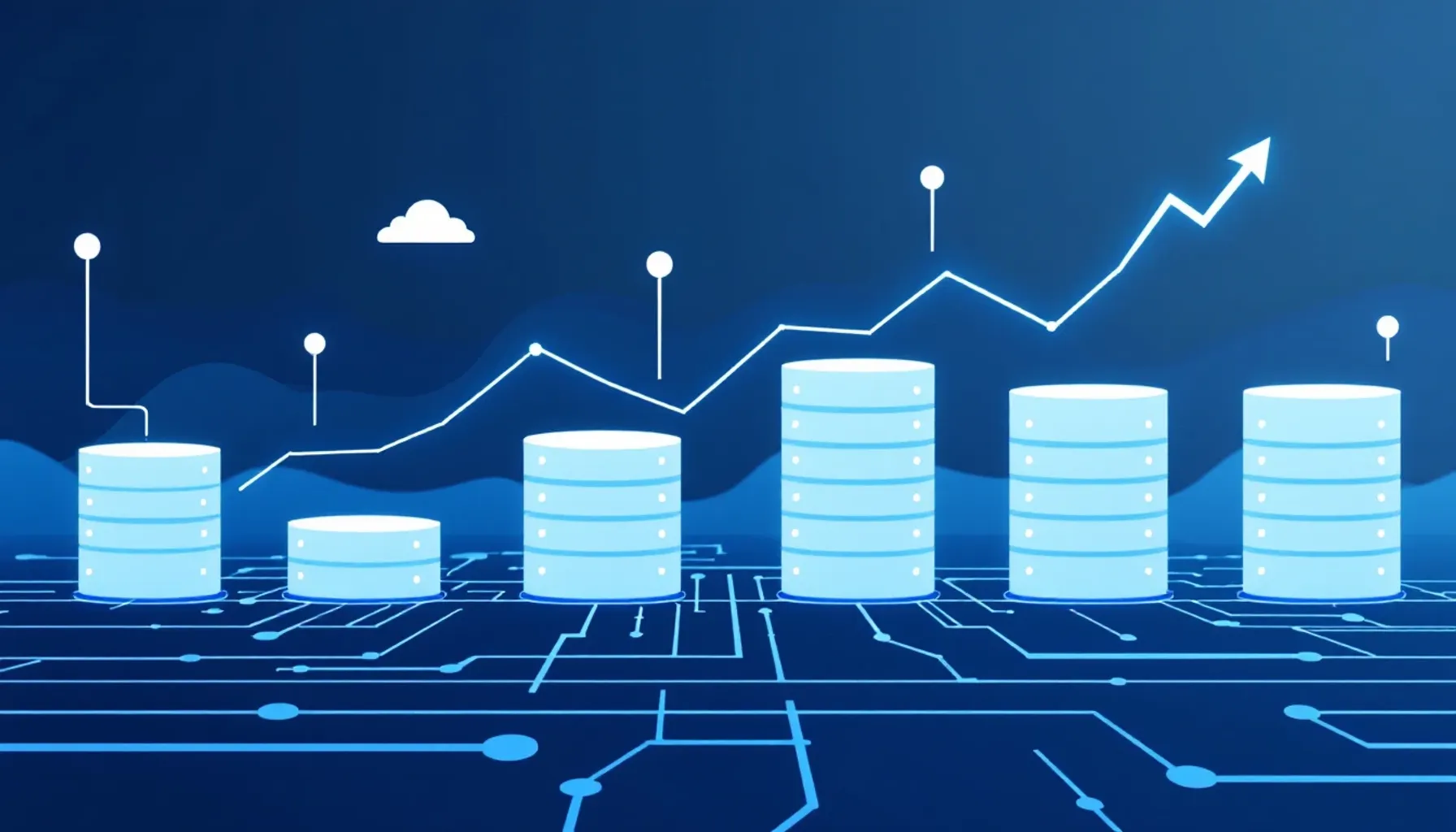 Minimalist flat illustration of interconnected server nodes and database cylinders arranged in a horizontal scaling patt