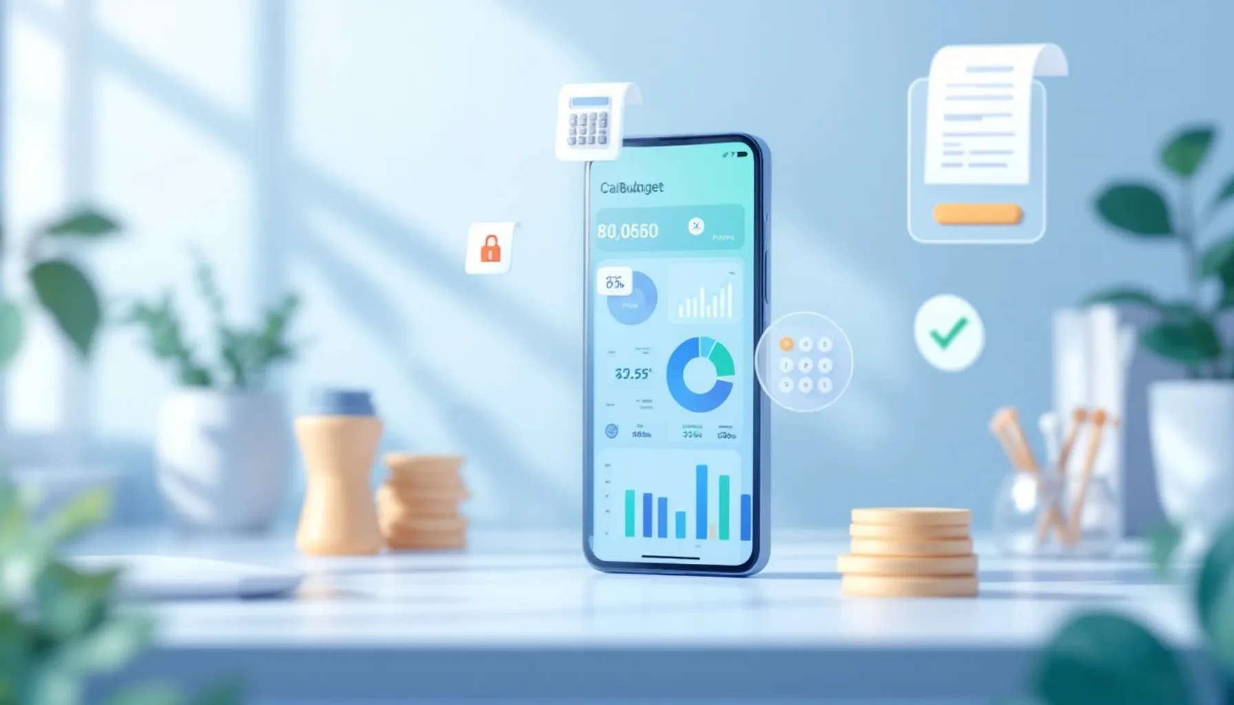 Minimalist flat illustration of a smartphone displaying a budget dashboard with pie charts and expense categories in sof