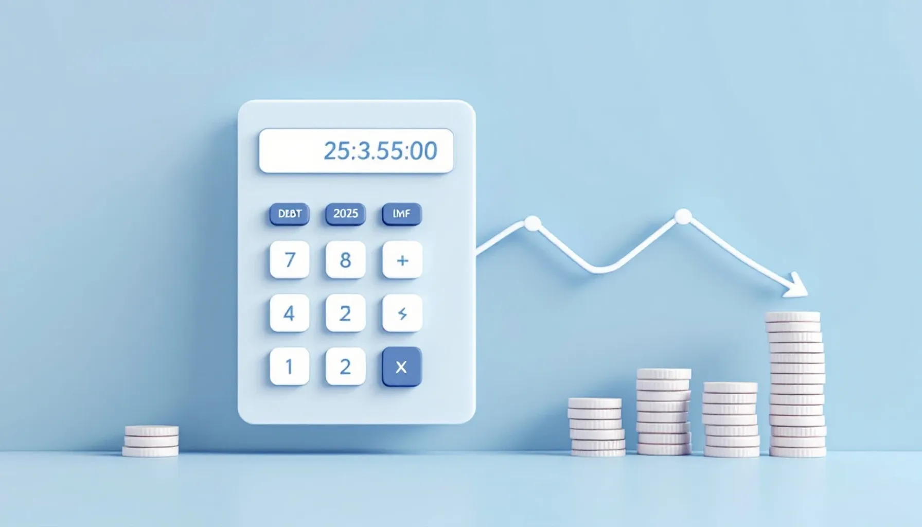 Clean minimalist illustration of a financial calculator interface with columns showing numbers, a downward-trending debt