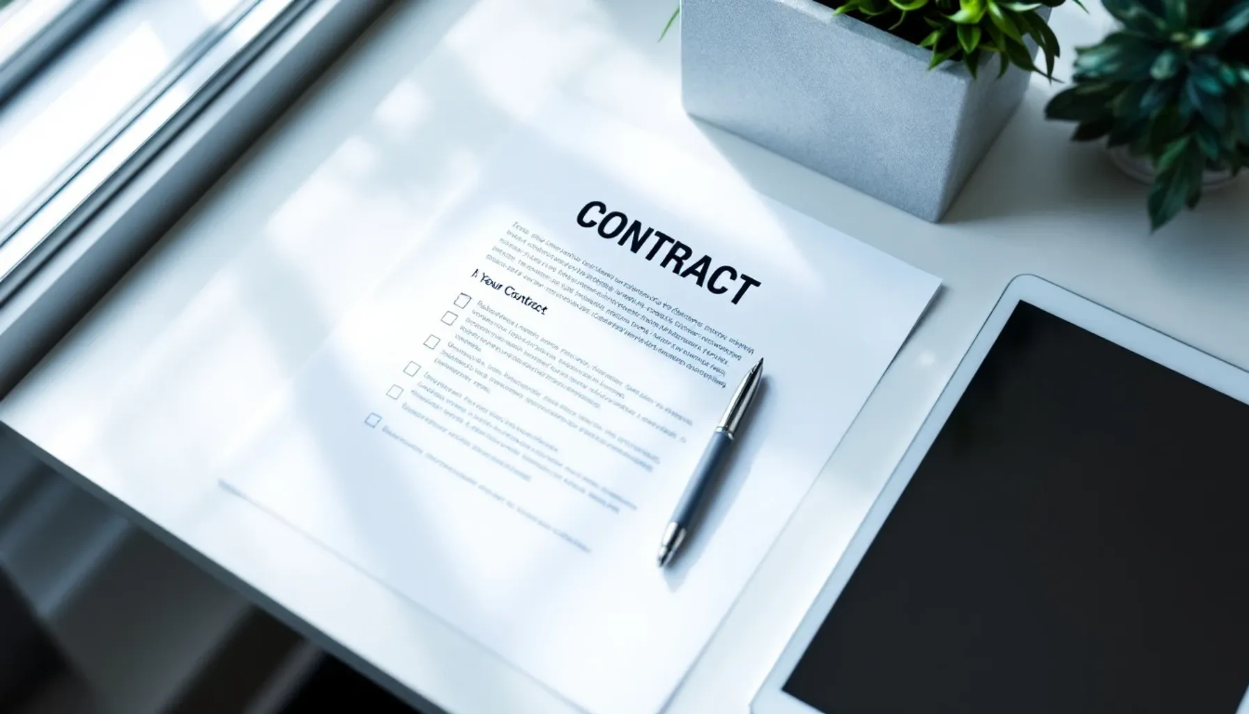 Clean desk workspace with a printed contract document, pen, and digital tablet showing a checklist, soft natural window