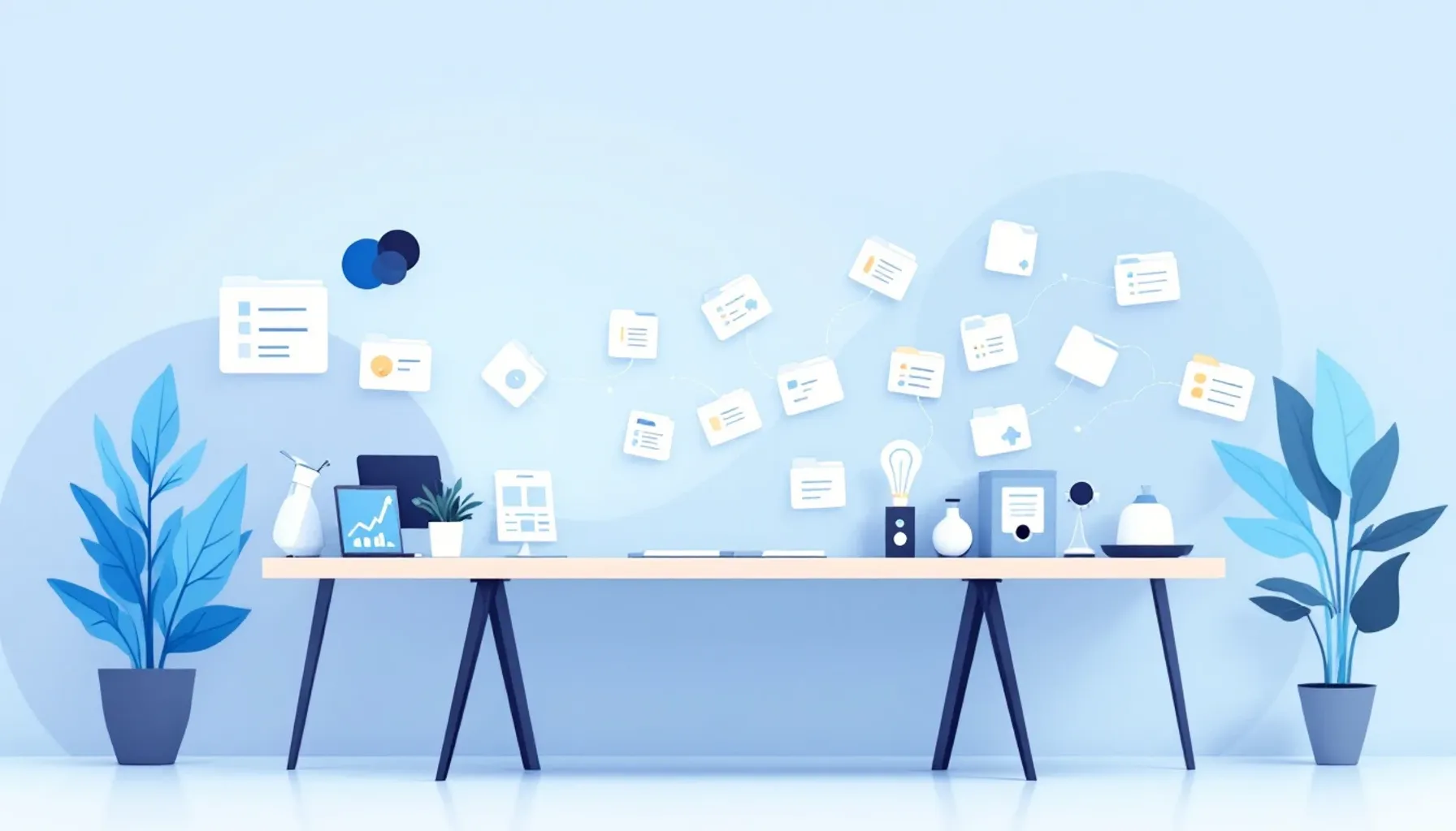 Minimalist workspace scene showing organized digital files and folders flowing into a central hub, soft blue and gray to