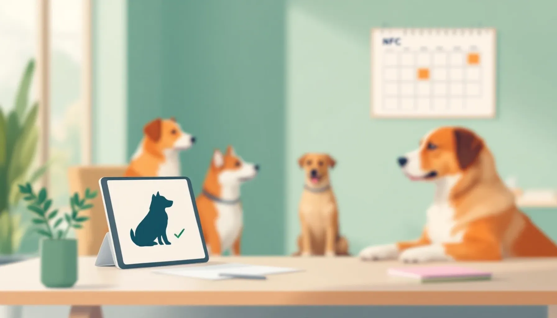 Minimalist flat illustration of a dog training facility workspace: a desk with a tablet displaying a dog silhouette and 